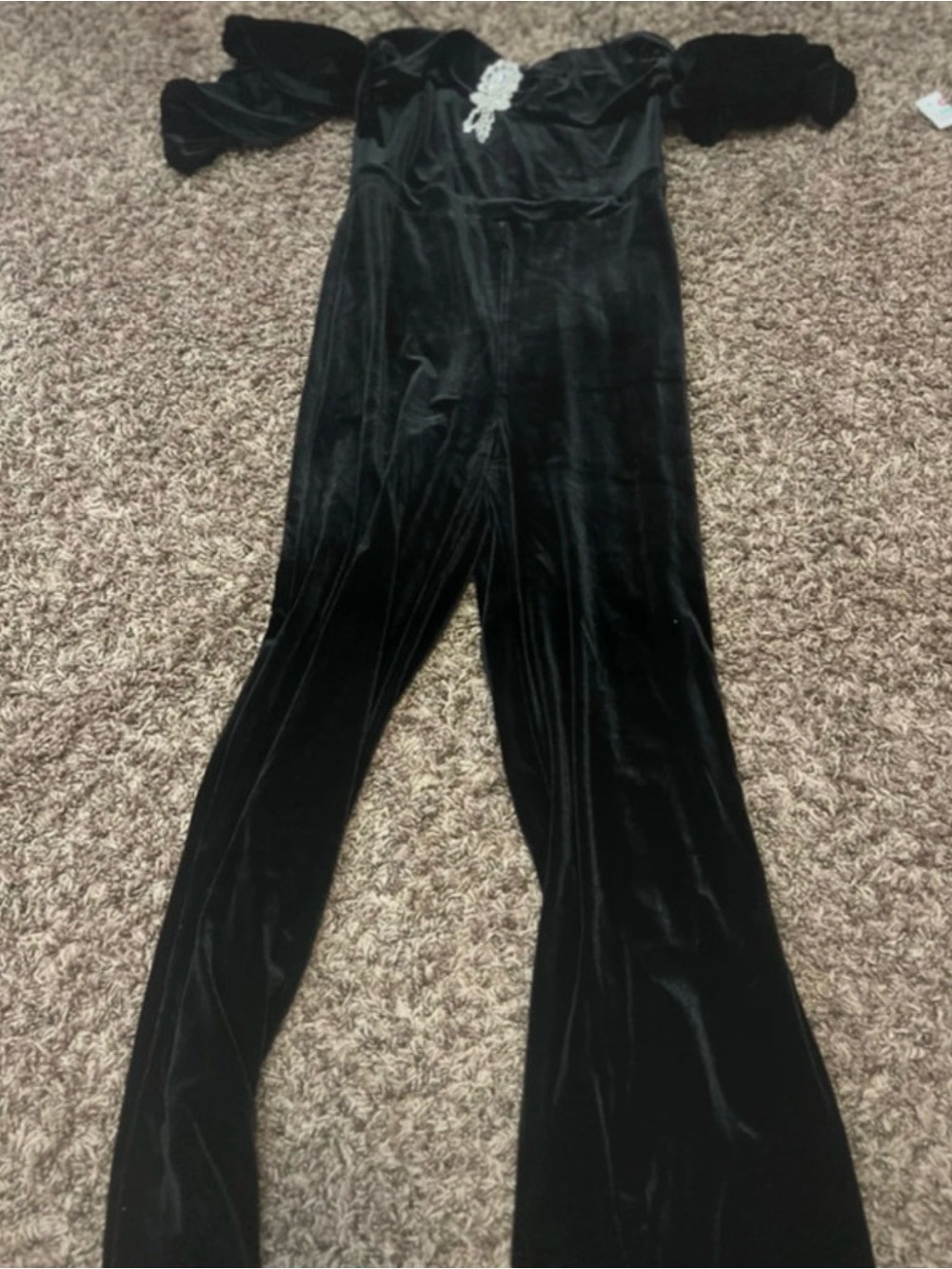 Symphony Black Velvet Off-Shoulder Jumpsuit with Lace Accent